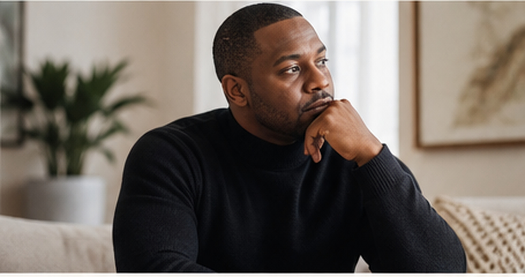 Black man sitting thoughtfully in a calm home setting