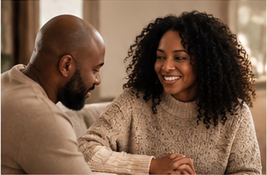 A couple relaxing at home and having a thoughtful conversation