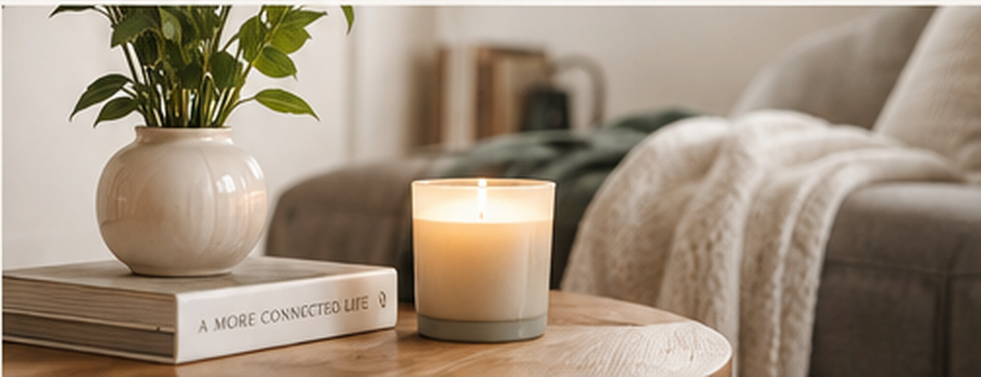 Warm office detail with a candle, plant, and book