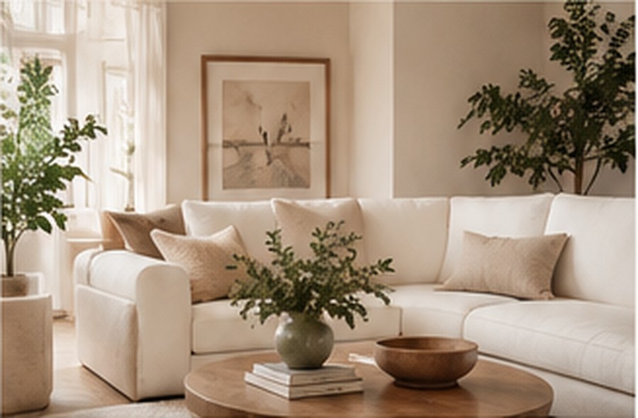 A warm neutral living and dining space with natural wood and soft textures