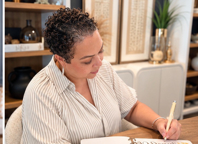 Nicole writing in a journal at a styled table