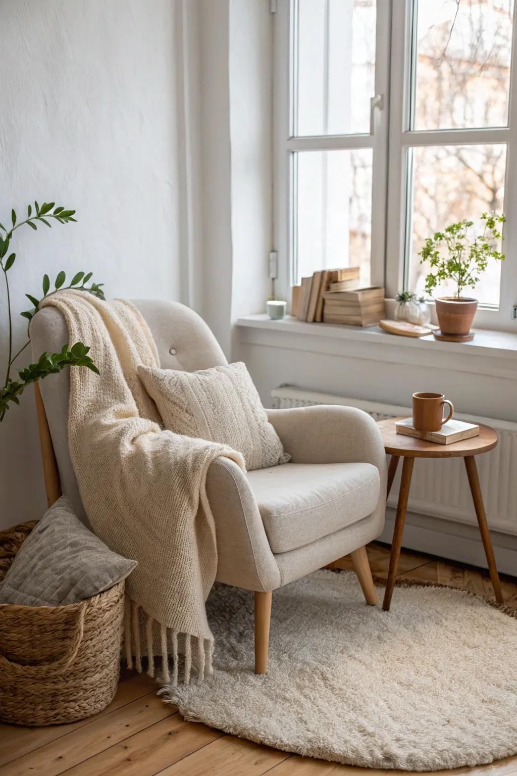 A cozy reading chair with a knit throw beside a sunlit window