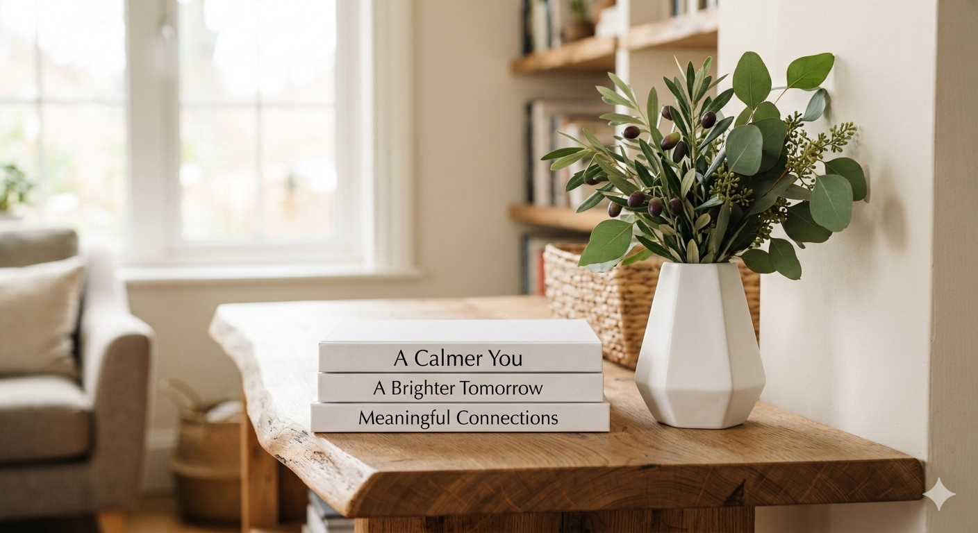 A stack of books titled A Calmer You, A Brighter Tomorrow, and Meaningful Connections